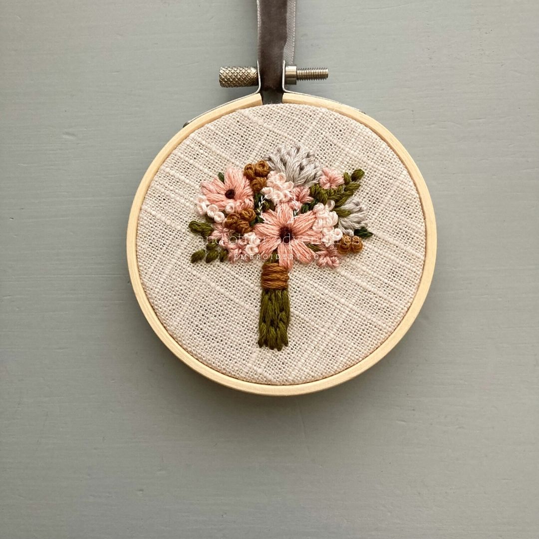 Hand Embroidered Peach, Ecru, and Mustard Flower Bouquet by And Other Adventures Embroidery Co
