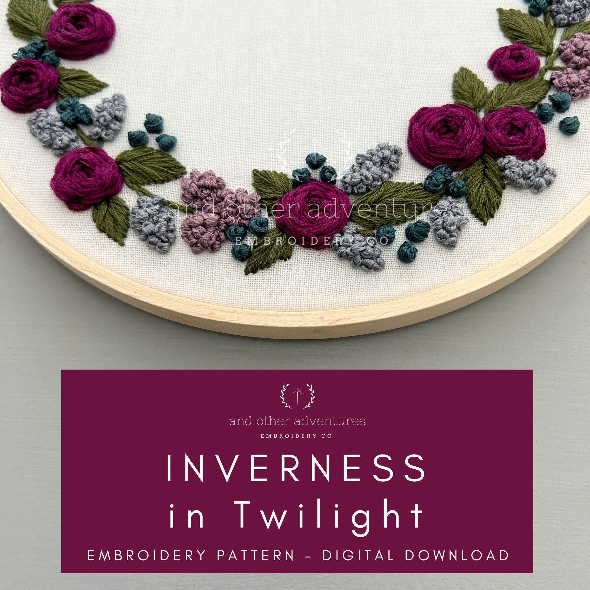 Dark &amp; Moody floral wreath hand embroidery pattern by And Other Adventures Embroidery Co