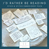 Bibliophile Stick &amp; stitch embroidery pack with designs on a textured surface, featuring the text &#39;I&#39;d Rather Be Reading&#39;.
