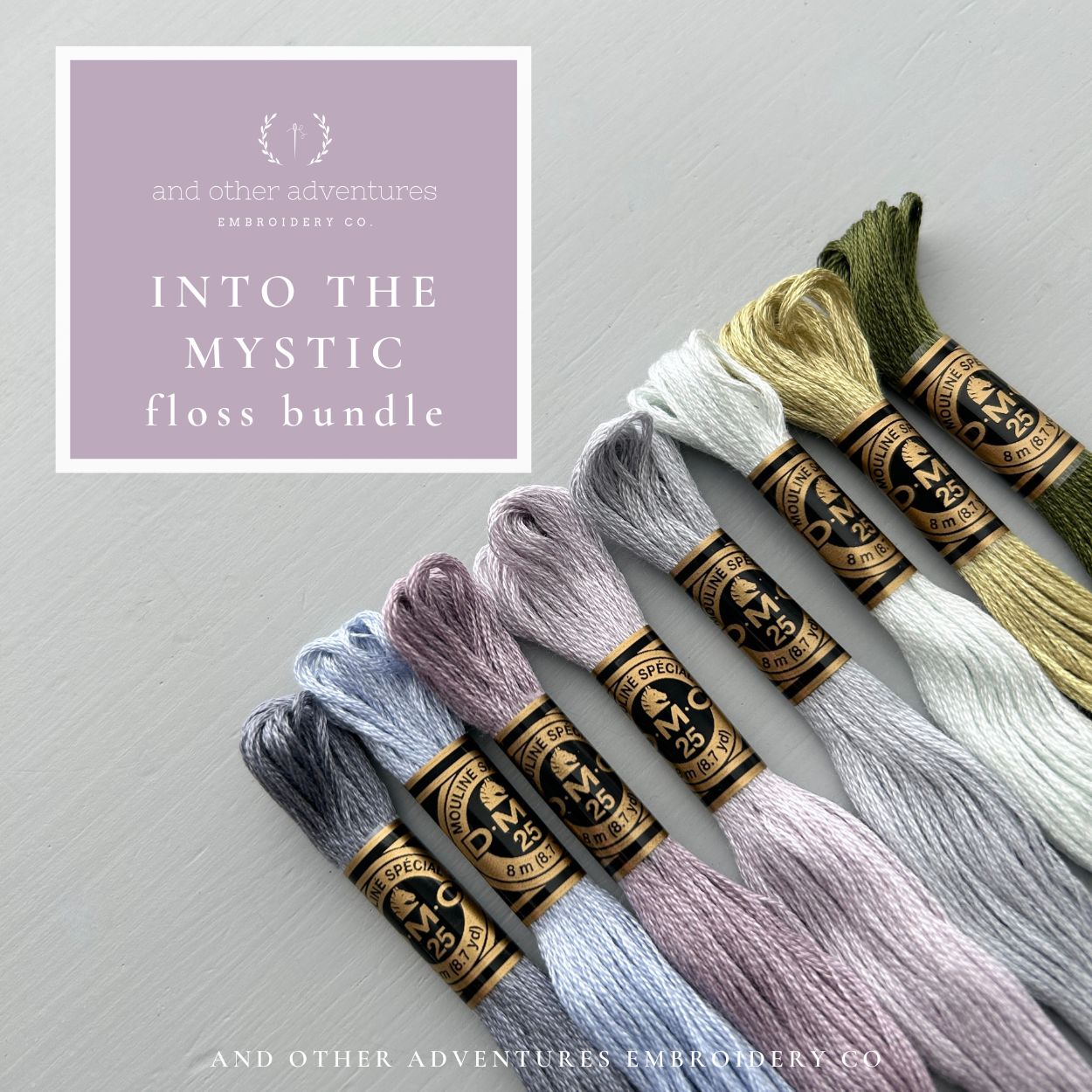 Serene blues, greys and greens - 8 color coordinated DMC embroidery floss skeins by And Other Adventures Embroidery Co