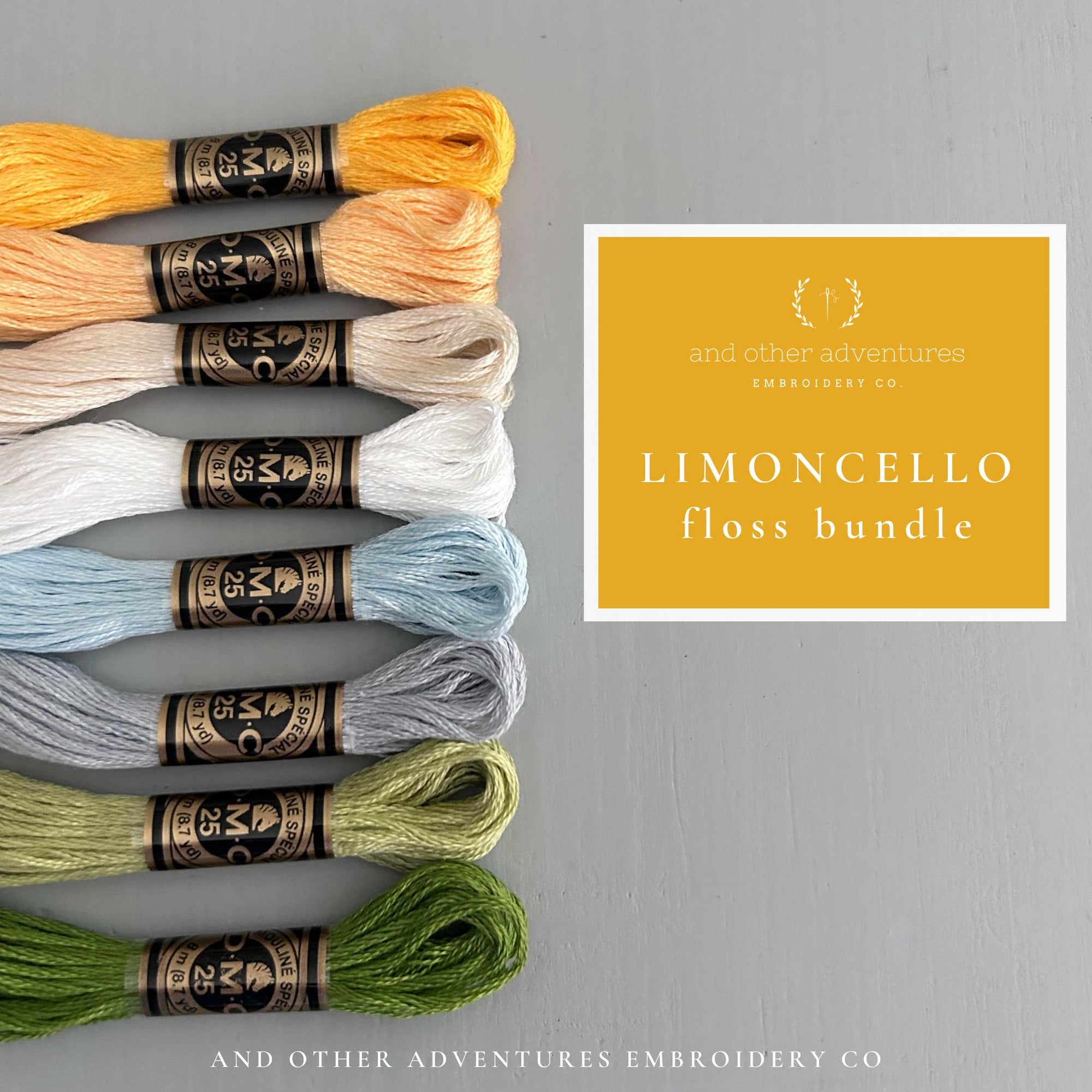 Bright Yellow, blue, and green embroidery floss bundle by And Other Adventures Embroidery Co