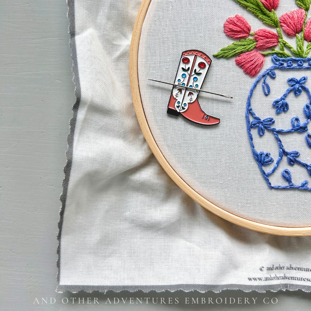 Pink Cowgirl Boot Magnetic Needle minder on Pink Tulip Embroidery kit created by And Other Adventures Embroidery Co