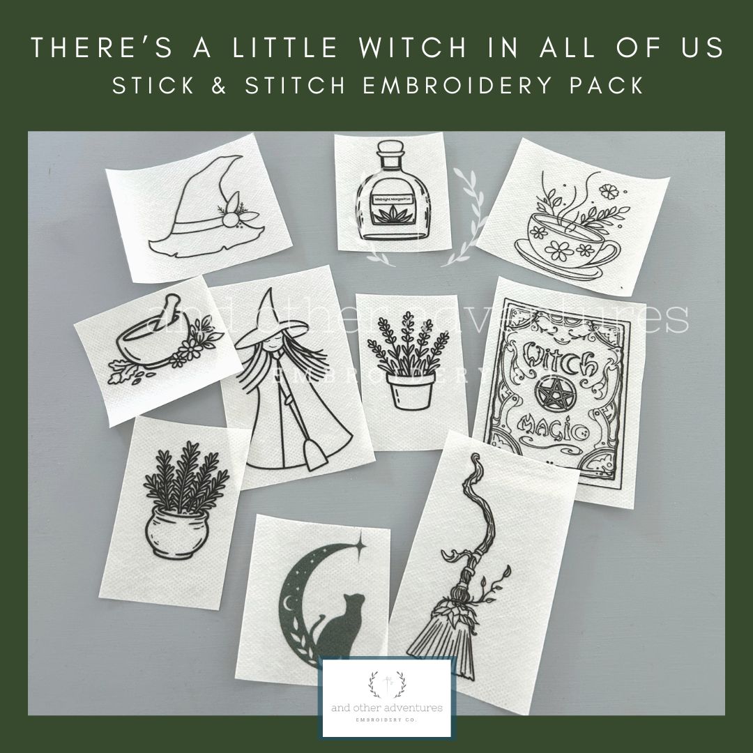 There's a Little Witch in All of Us stick &amp; stitch pack for embroidery projects by And Other Adventures Embroidery Co. Inspired by the Owen Sisters.