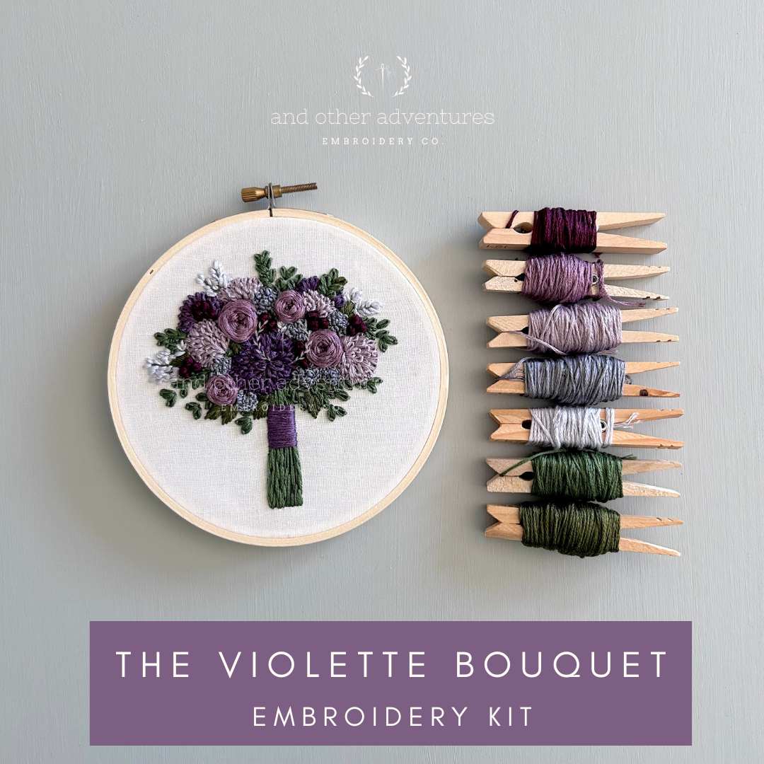 The Violette Bouquet Hand Embroidery Kit - Moody Purple Flowers by And Other Adventures Embroidery Co