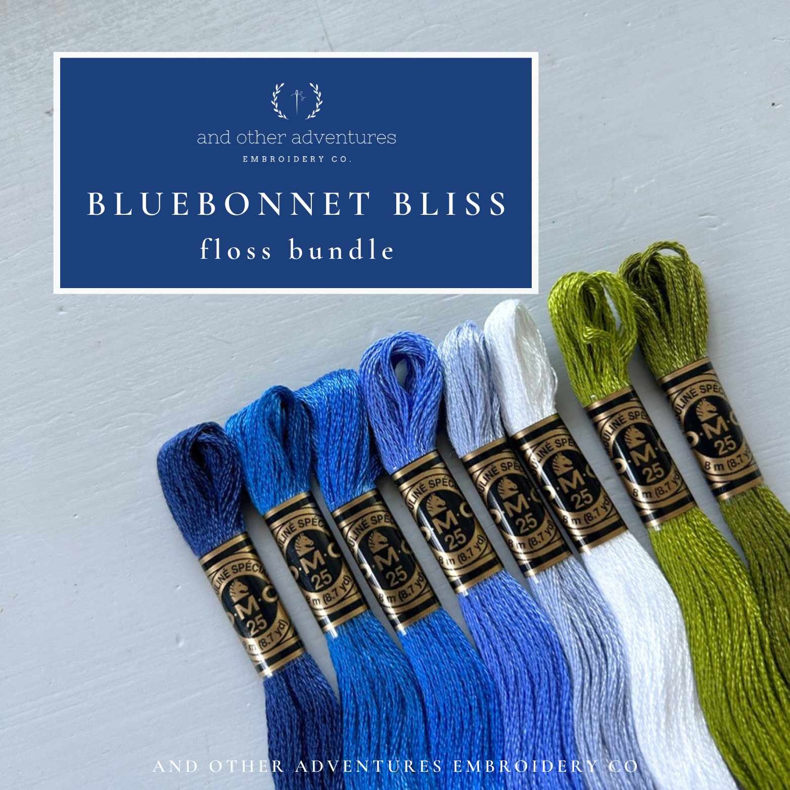 Blue, white and green floss bundle inspired by Texas Bluebonnets