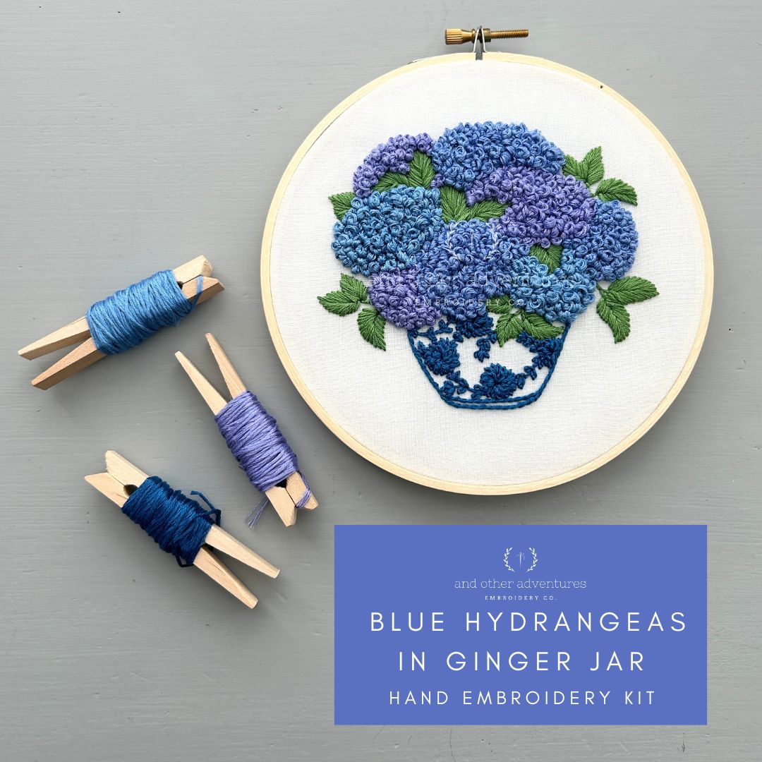 Blue Hydrangeas in Ginger Jar Hand Embroidery Kit by And Other Adventures Embroidery Co