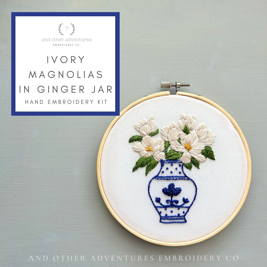 Ivory Magnolias in Ginger Jar by And Other Adventures Embroidery Co