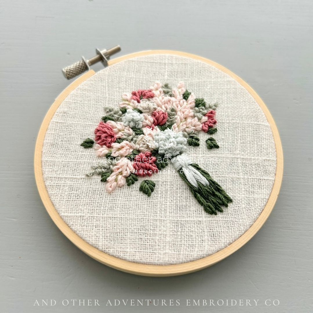 Romantic mauve and ivory bouquet art hand embroidered by And Other Adventures Embroidery Co