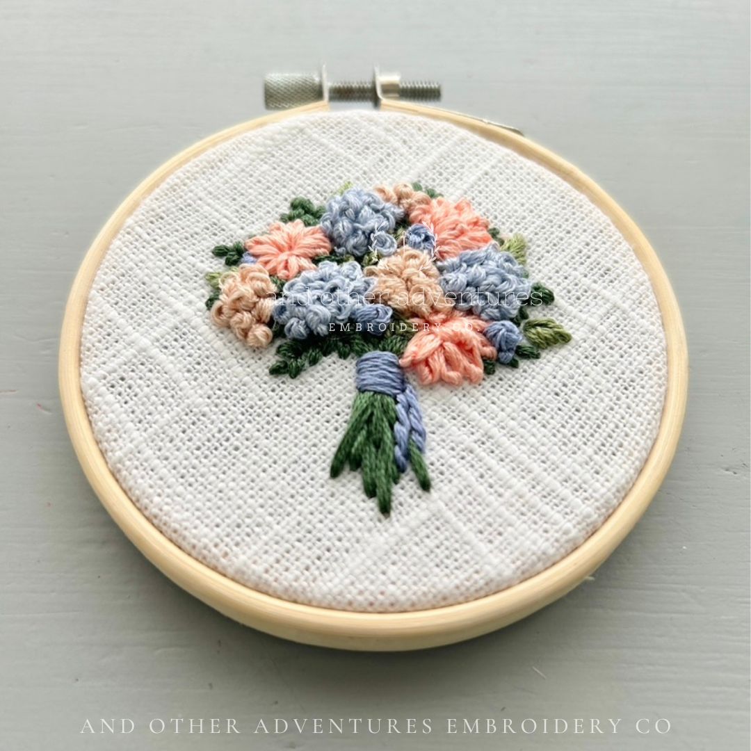 Dusty Blue and Peach floral bouquet art hand embroidered by And Other Adventures Embroidery Co