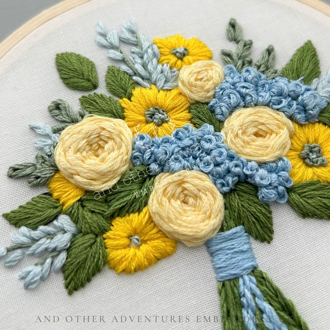 Hand Embroidered sunshine yellow flower bouquet design by And Other Adventures Embroidery Co