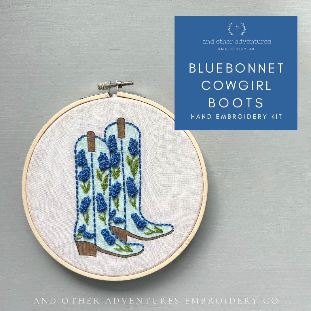 Beginner Hand Embroidery Kit featuring Texas Bluebonnet Boots by And Other Adventures Embroidery Co