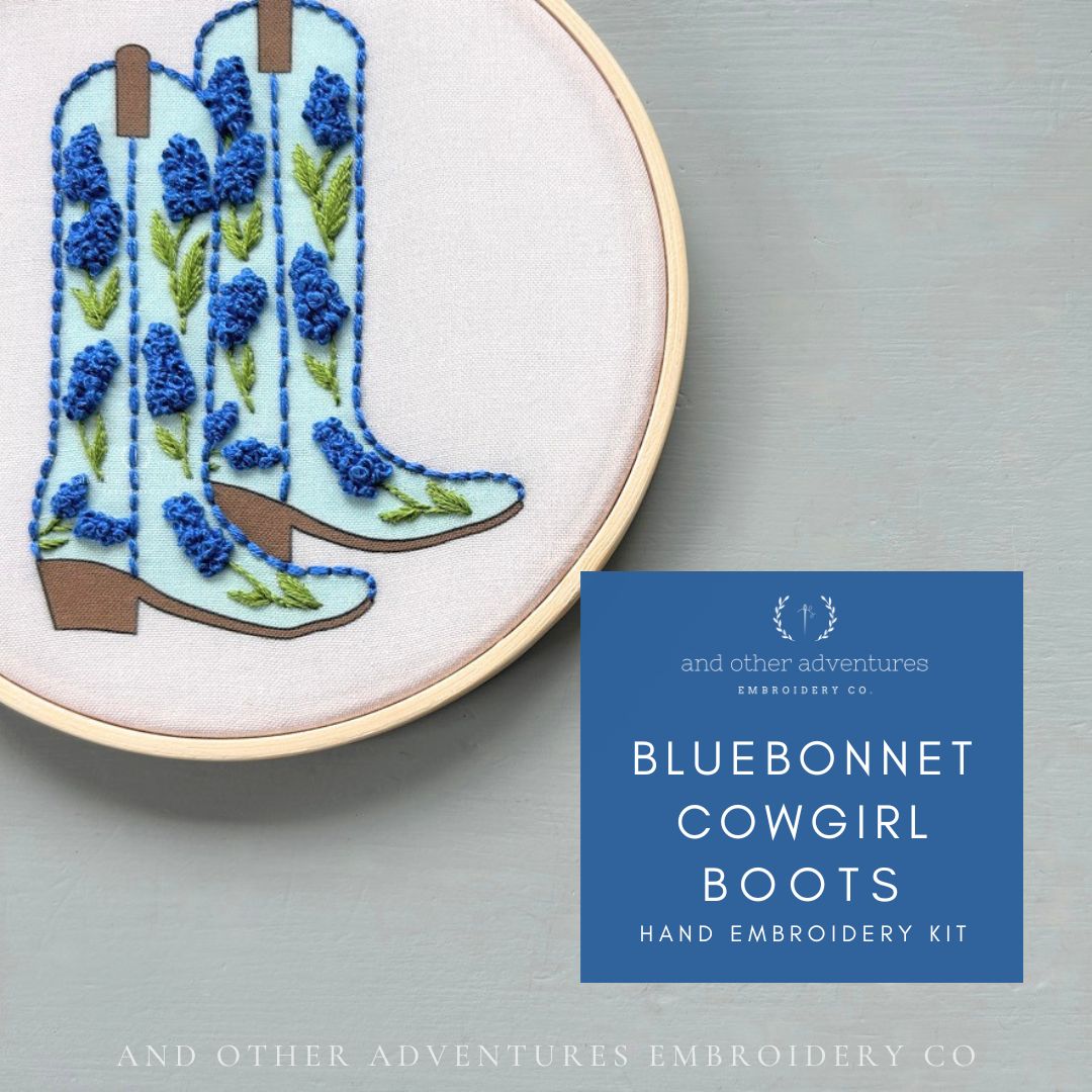 Bluebonnet Cowgirl Boots hand embroidery kit by And Other Adventures Embroidery Co