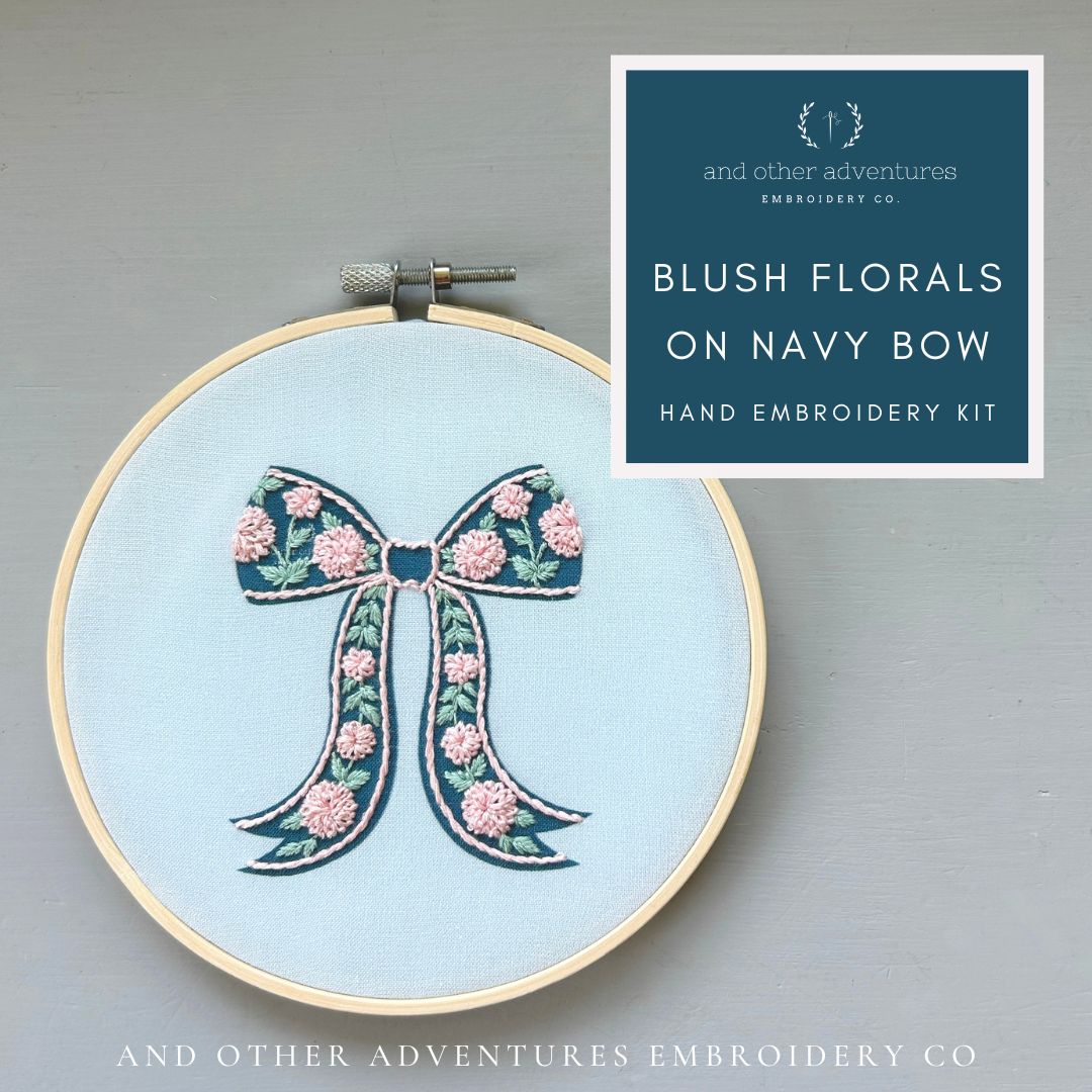 Blush Flowers on Navy Bow hand embroidery kit by And Other Adventures Embroidery Co