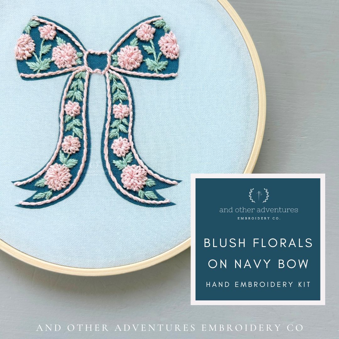 Blush Florals on Navy Bow hand embroidery kit by And Other Adventures Embroidery Co