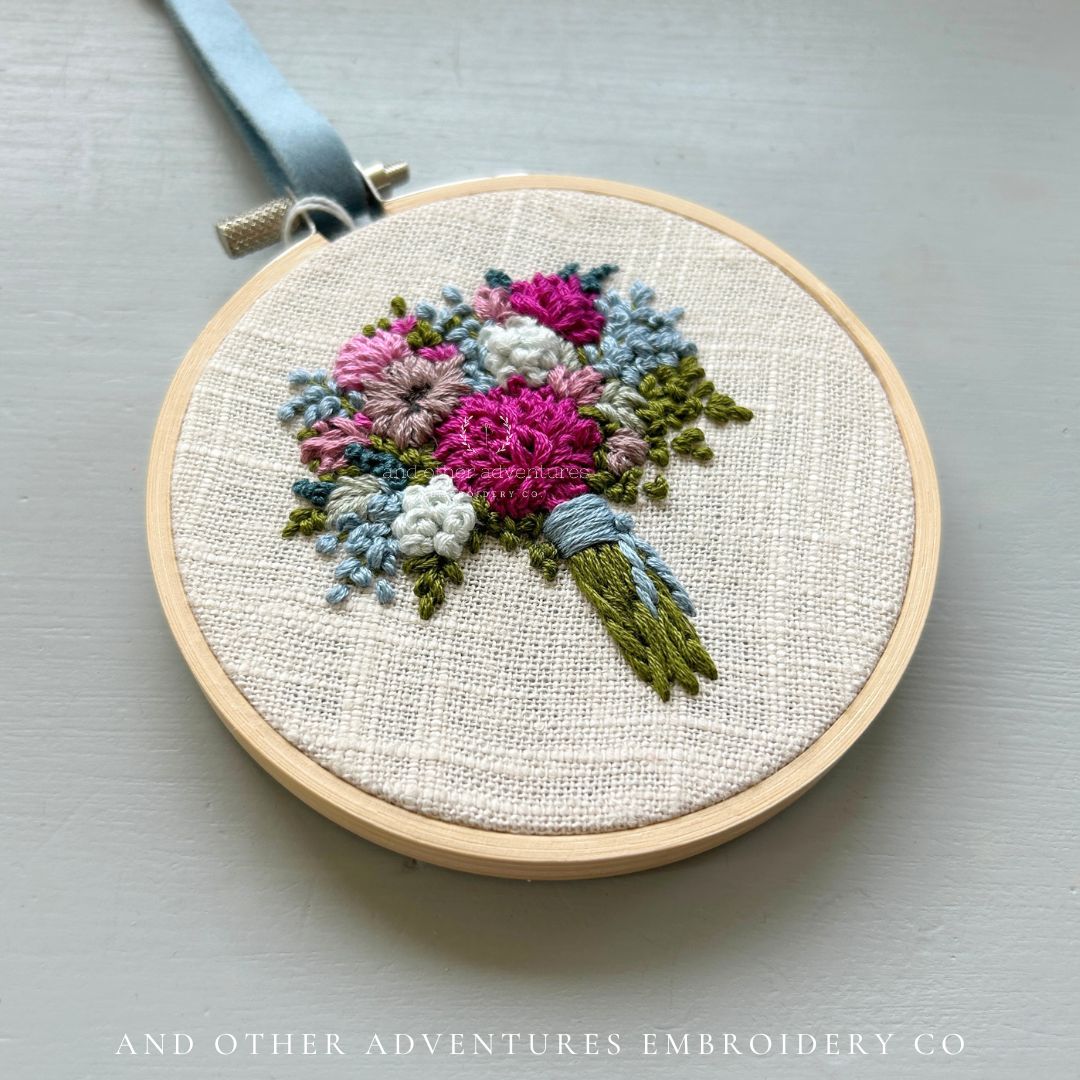 One of a kind jewel tone hand embroidered flower bouquet - hand stitched by Colleen, owner of And Other Adventures Embroidery Co