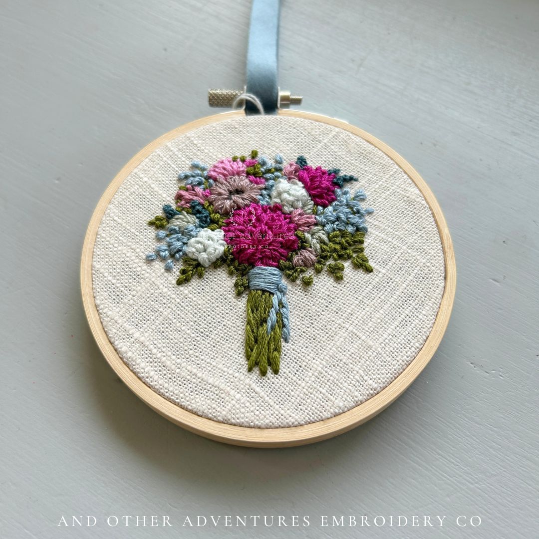Hand embroidered flower bouquet in jewel tone shades - hand stitched by Colleen, Owner of And Other Adventures Embroidery Co