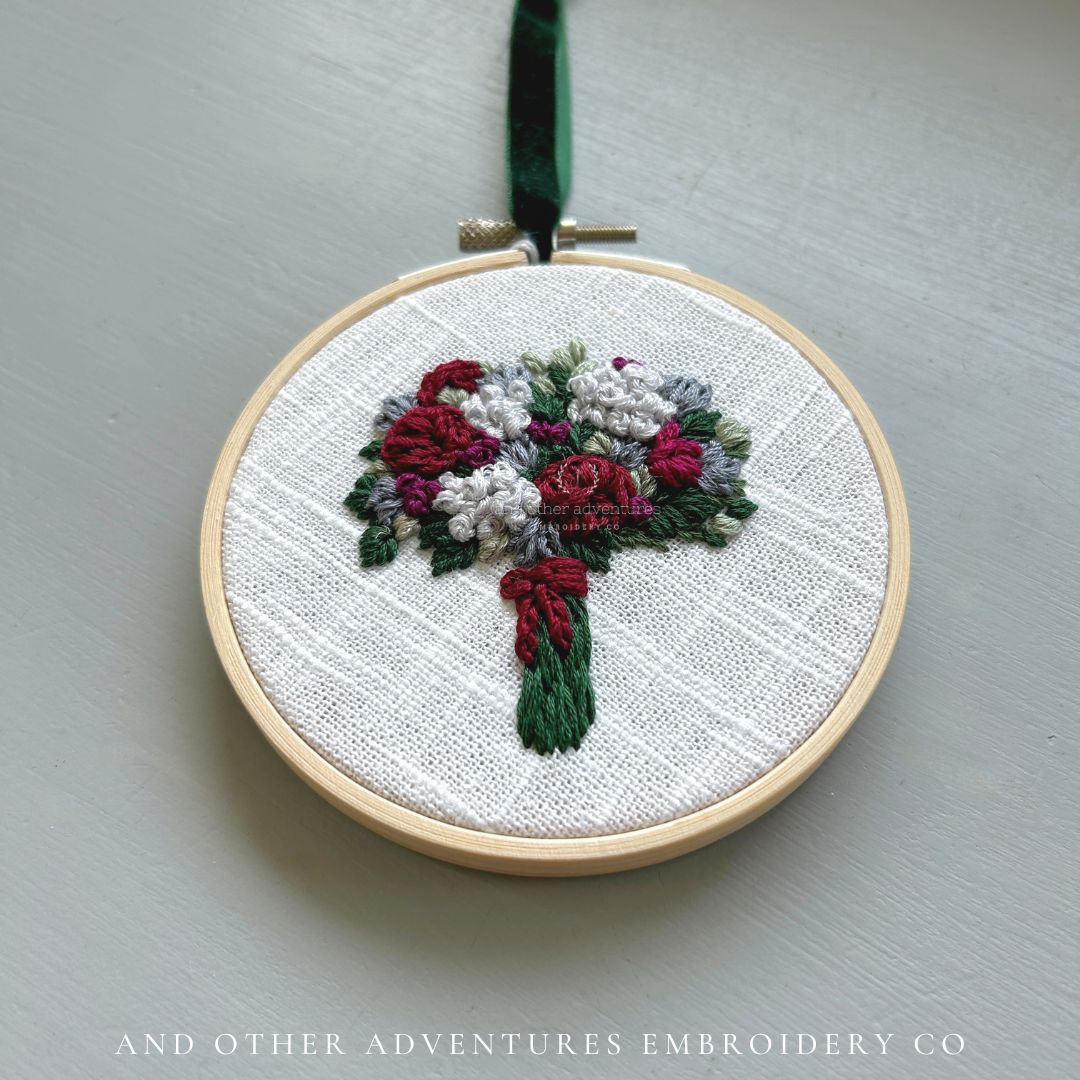 Winter flower bouquet hand stitched by Colleen of And Other Adventures Embroidery Co
