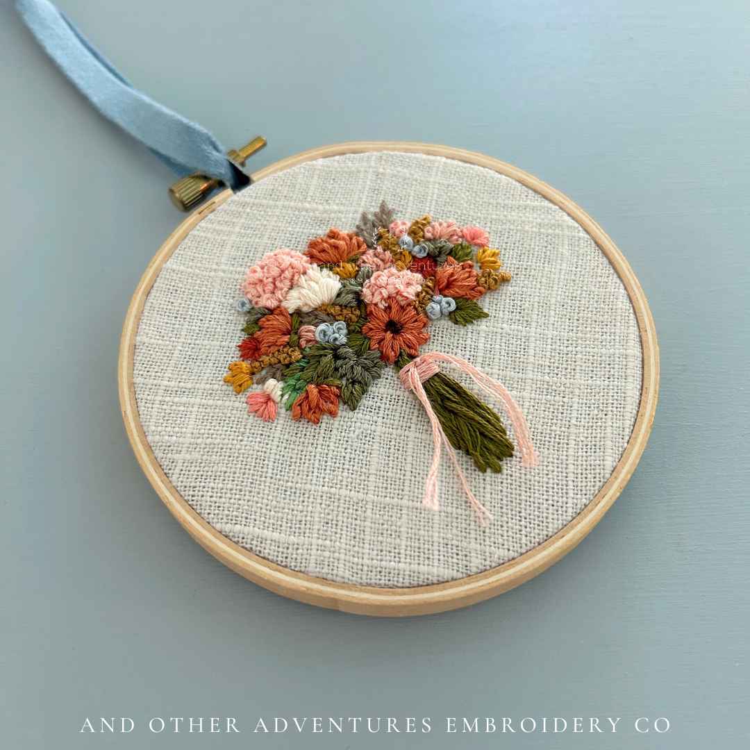 The Fall Bouquet of our dreams with all the colors of the autumn season.  Original hand embroidery by Colleen from And Other Adventures Embroidery Co