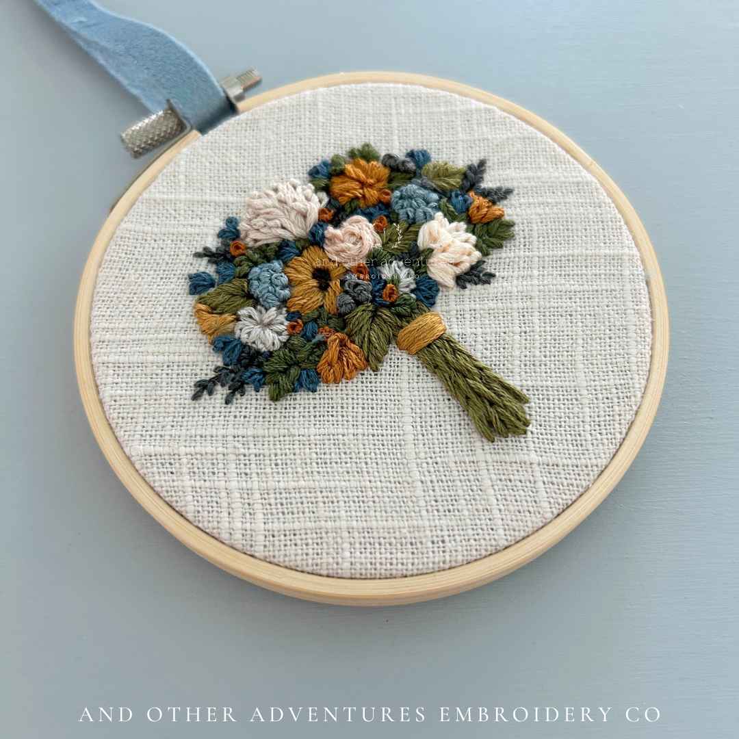 Sunflower Bouquet with pops of mustard yellow and midnight blue color - hand stitched original art by And Other Adventures Embroidery Co