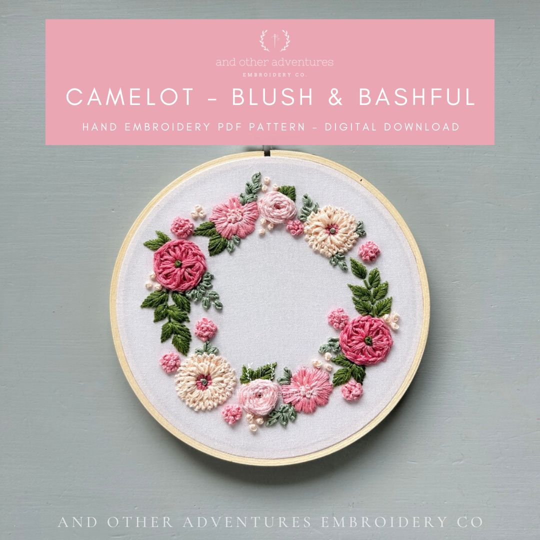 Camelot hand embroidery PDF pattern in Blush & Bashful color way by And Other Adventures Embroidery Co - digital download