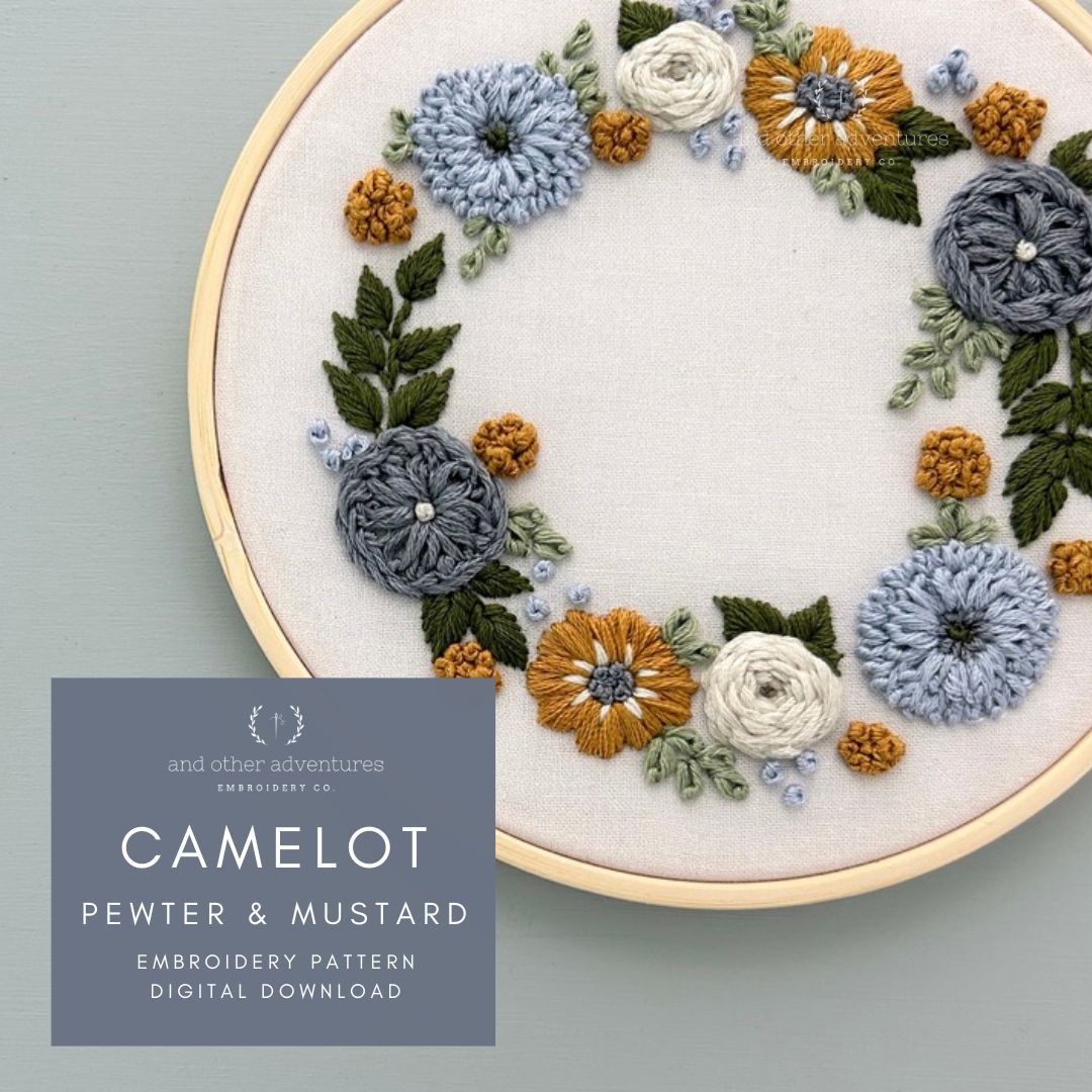 Camelot in Pewter &amp; Mustard hand embroidery design pdf pattern digital download by And Other Adventures Embroidery Co