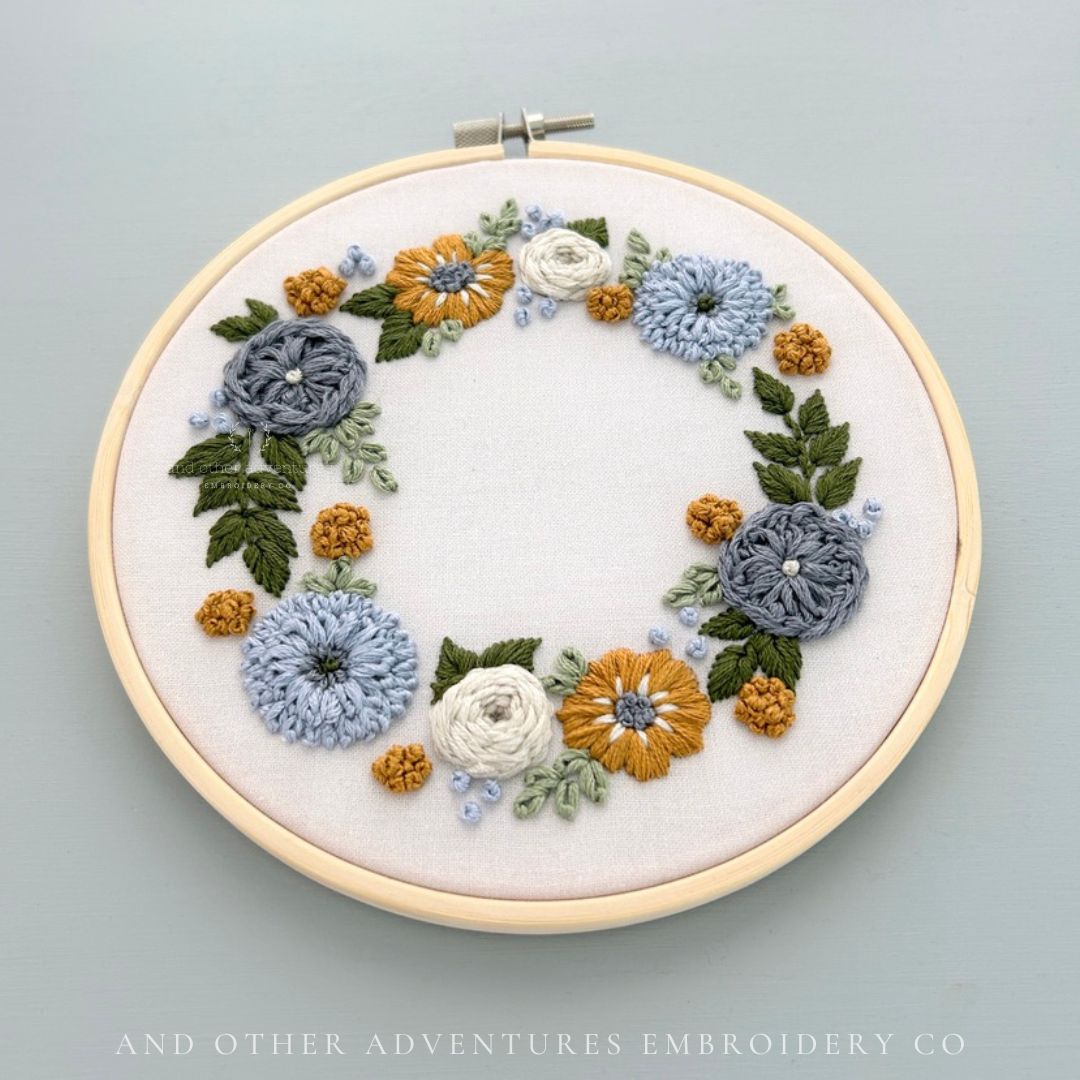 hand embroidery floral wreath embroidery kit created and sold by And Other Adventures Embroidery Co