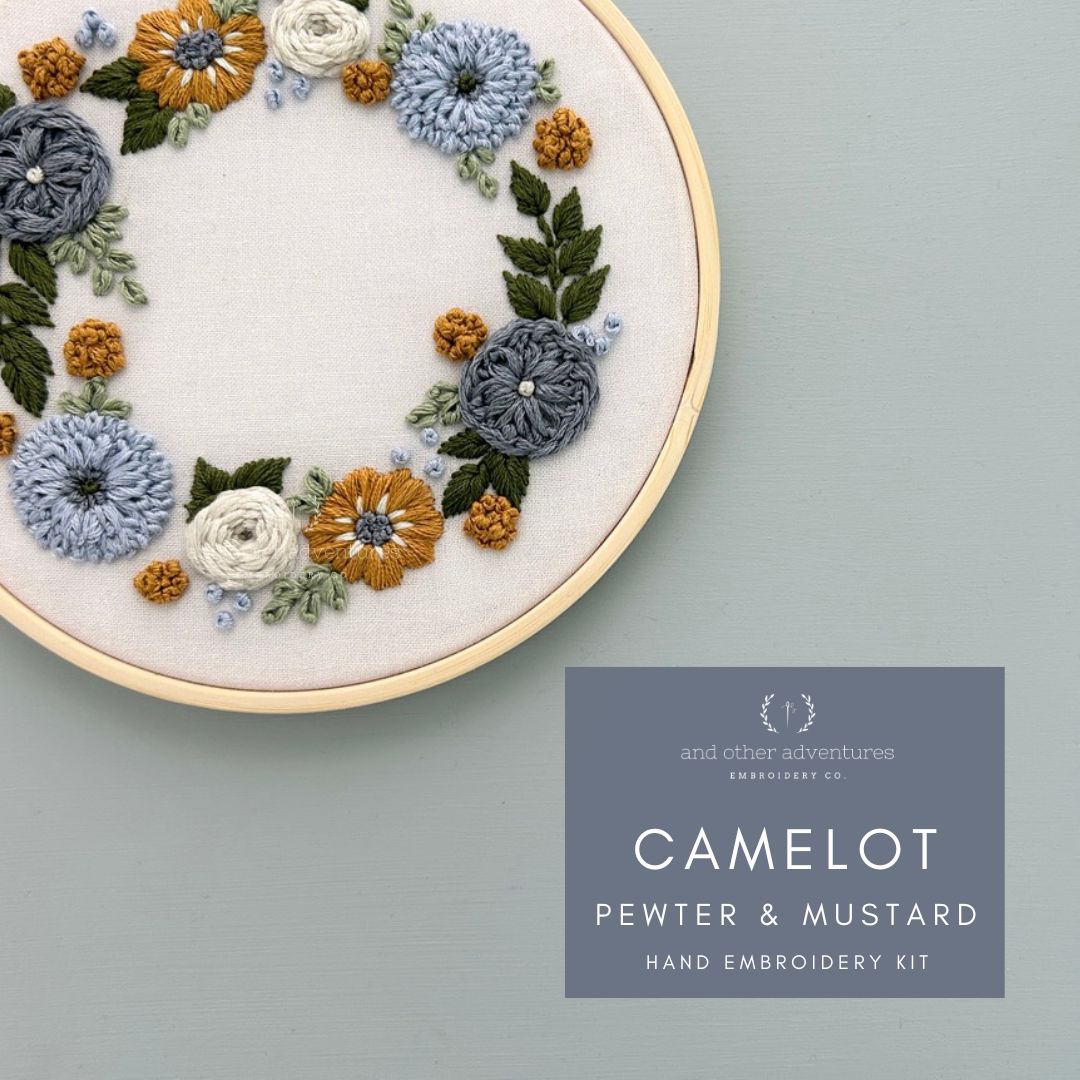 Camelot Pewter &amp; Mustard hand embroidery kit floral wreath by And Other Adventures Embroidery Co