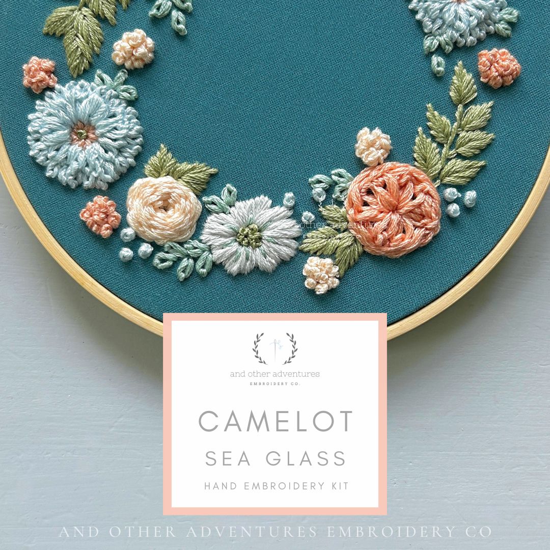 Embroidered Floral on Teal fabric - Camelot embroidery kit by And Other Adventures Embroidery Co