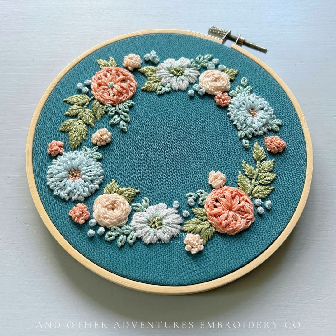 Summer floral wreath embroidery design - Camelot in Sea lass hand embroidery kit by And Other Adventures Embroidery Co