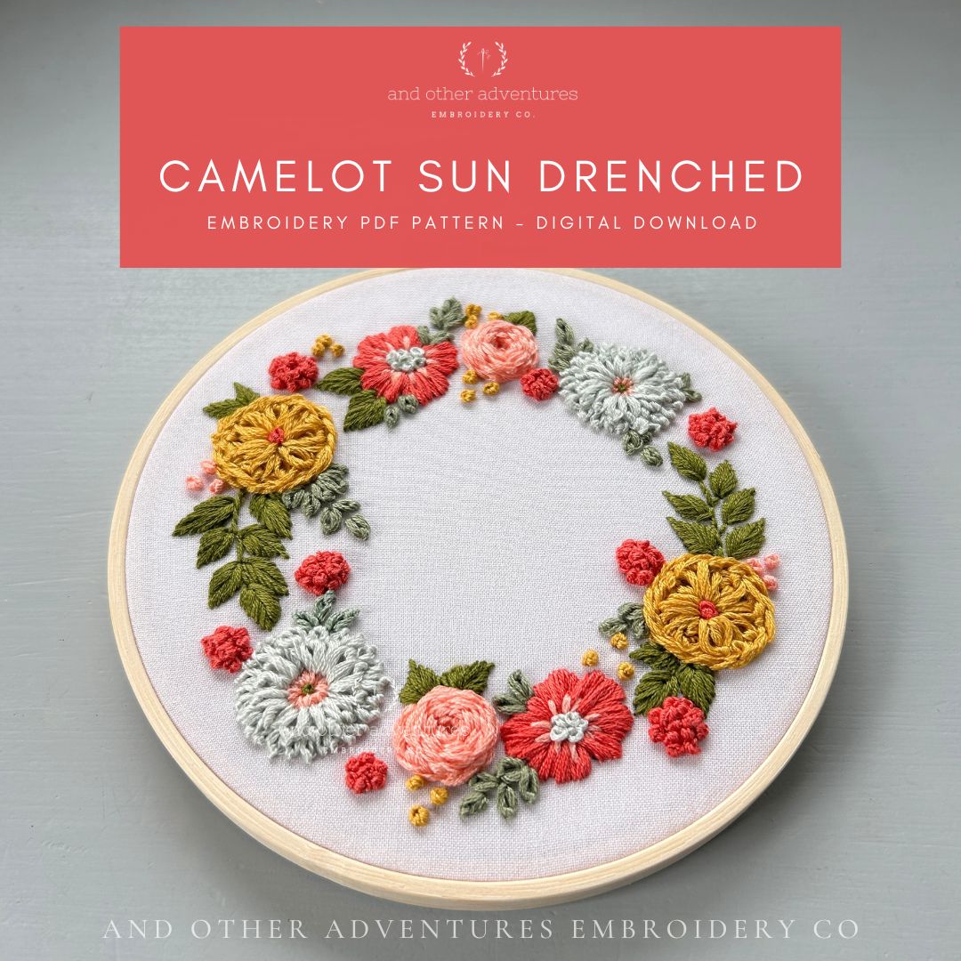 Camelot in Sun Drenched hand embroidery PDF pattern digital download by And Other Adventures Embroidery Co