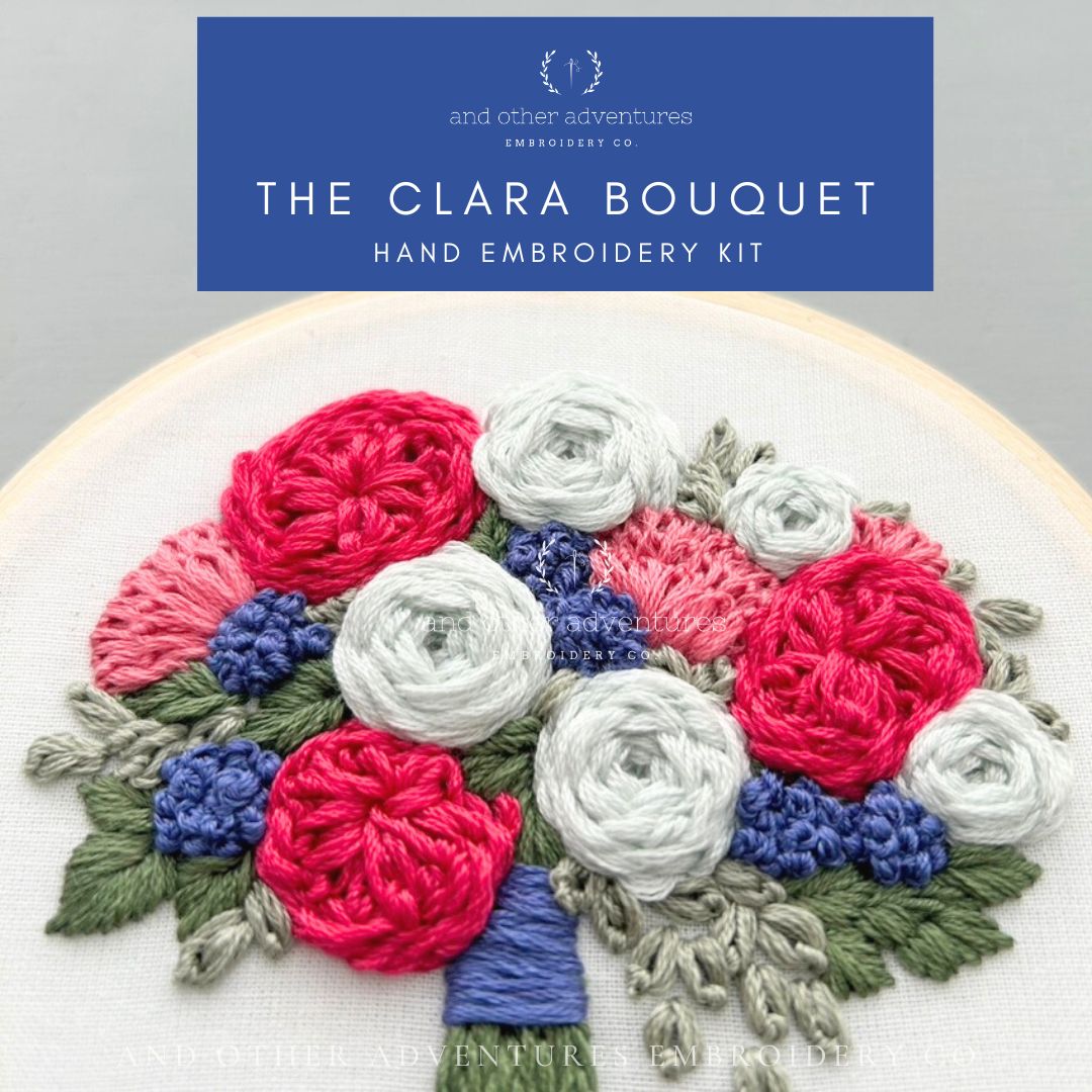 Gorgeous pink and blue and white florals hand embroidery project by And Other Adventures Embroidery Co