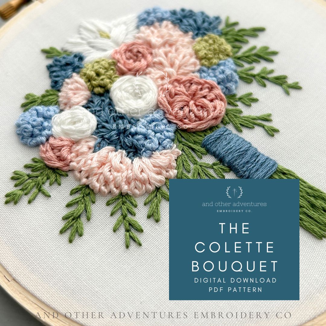 The Colette Bouquet Hand Embroidery PDF Pattern - calming blue and pink florals by And Other Adventures Embroidery Co