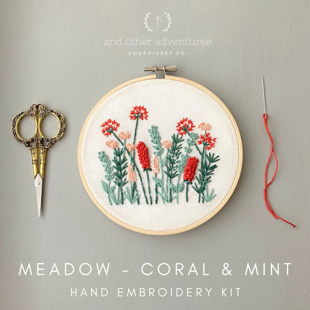 Coral & Mint Meadow Beginner Hand Embroidery Kit by And Other Adventures Embroidery Co
