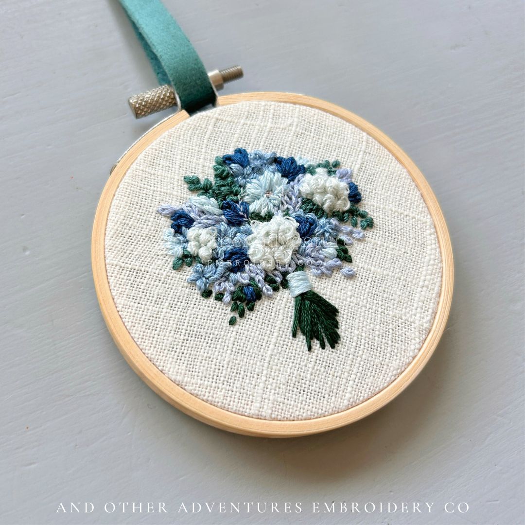 Ocean inspired hand embroidered flower bouquet in shades of blues and greens by And Other Adventures Embroidery Co