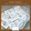 Collection of stick and stitch embroidery patterns on a decorative tray with &#39;Fall Cozy&#39; text.