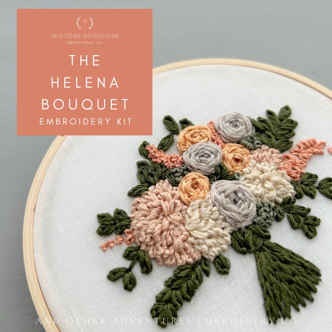 Ivory, Orange, OLive Green Flower Bouquet Hand Embroidery Kit by And Other Adventures Embroidery Co