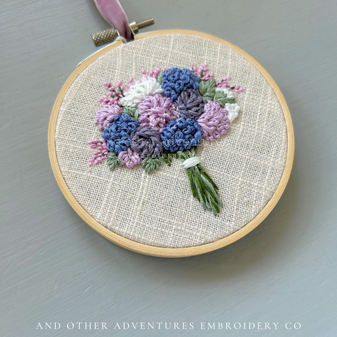 Blue hydrangea lilac peonies bouquets hand stitched by And Other Adventures Embroidery Co