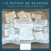 Book Themed Stick &amp; Stitch embroidery pack with designs on a textured surface, featuring text &#39;I&#39;d Rather Be Reading&#39;.