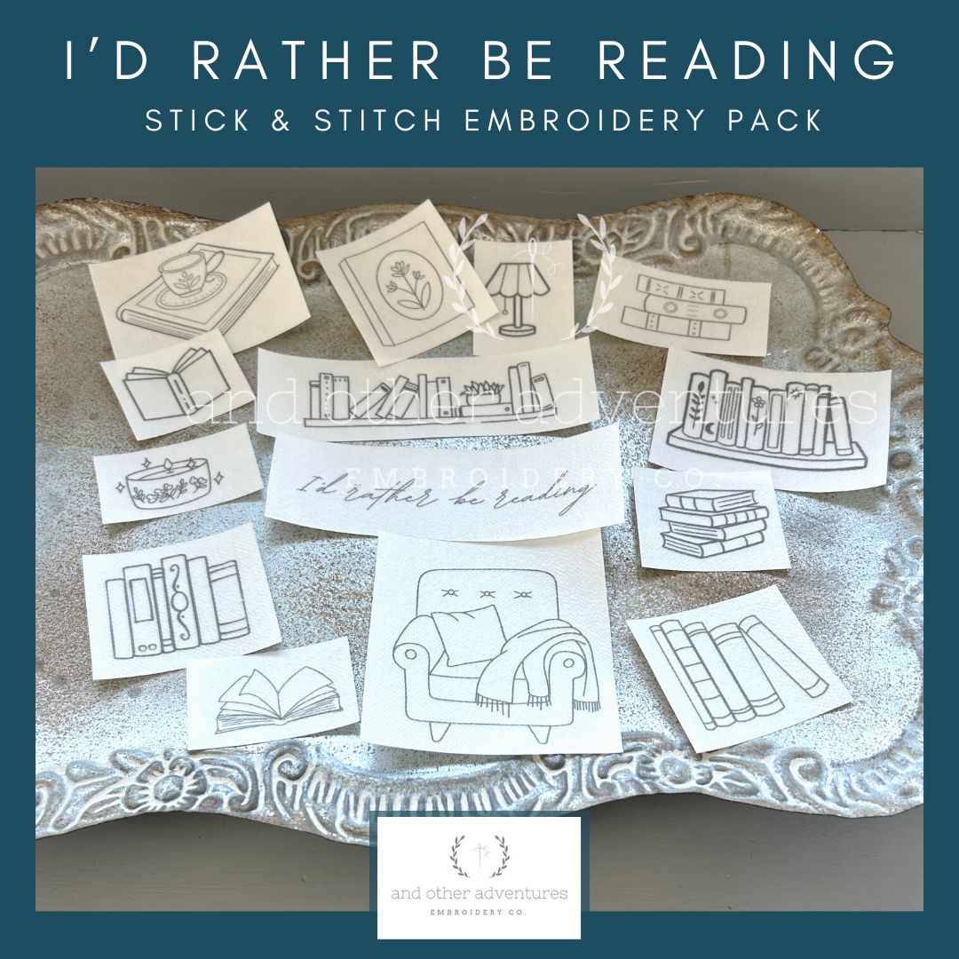 Book Themed Stick & Stitch embroidery pack with designs on a textured surface, featuring text 'I'd Rather Be Reading'.