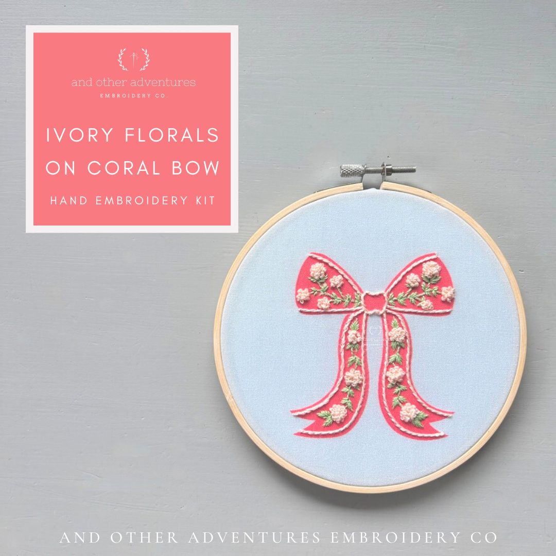 Ivory Florals on Coral Bow hand embroidery kit - the perfect stitching project for your weekend - by And Other Adventures Embroidery Co