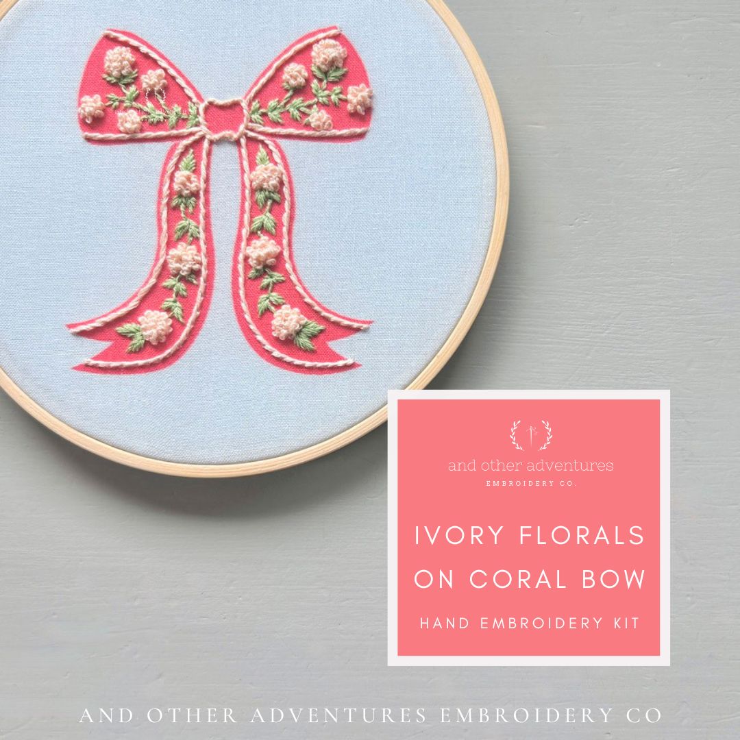 Ivory Florals on Coral Bow hand embroidery kit for beginners by And Other Adventures Embroidery Co