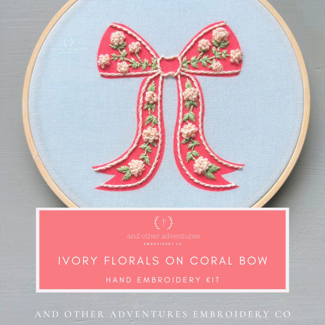 Ivory Florals on Coral Bow hand embroidery kit for the grandmillenial by And Other Adventures Embroidery Co