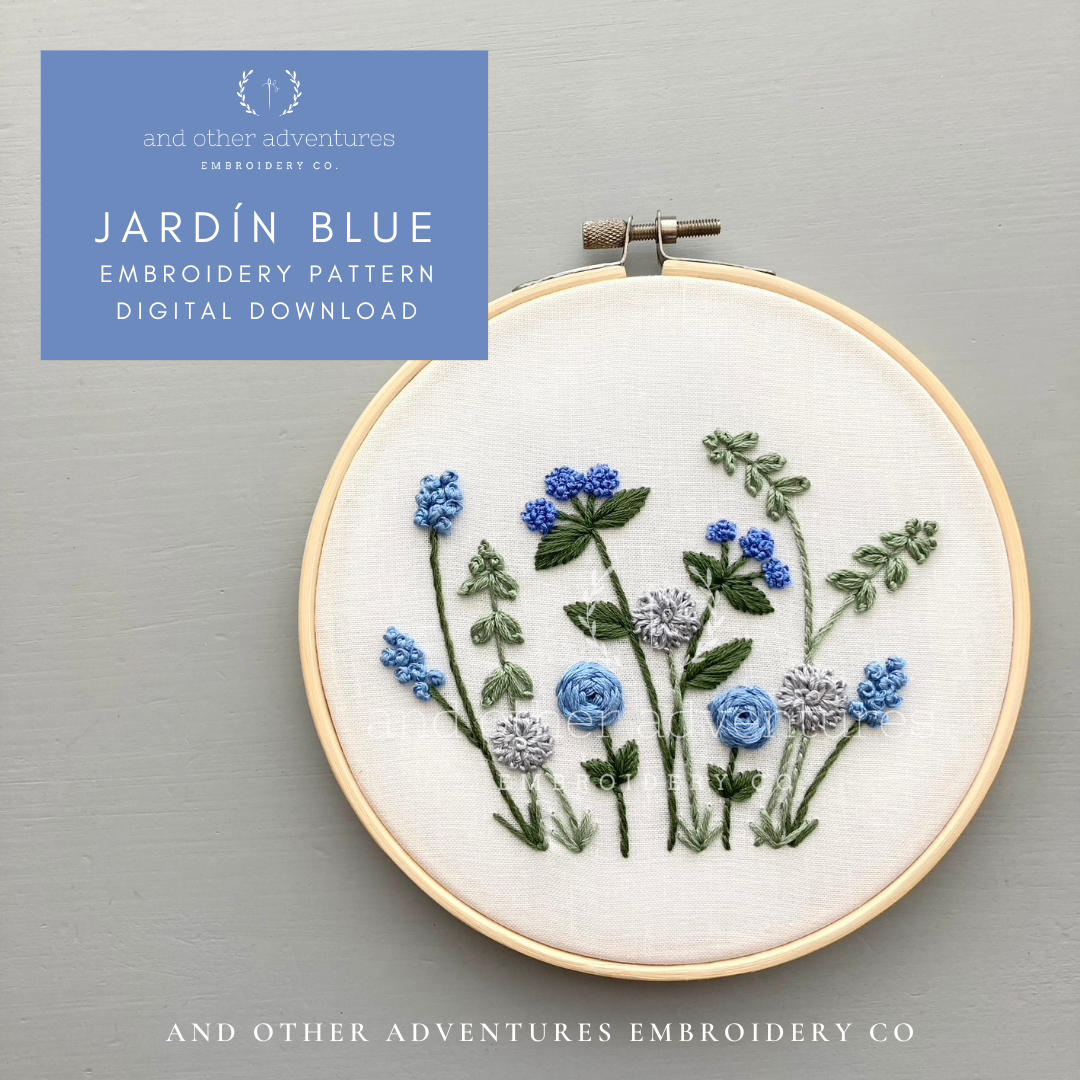 Jardín Blue Hand Embroidery Pattern for Beginners Digital Download by And Other Adventures Embroidery Co