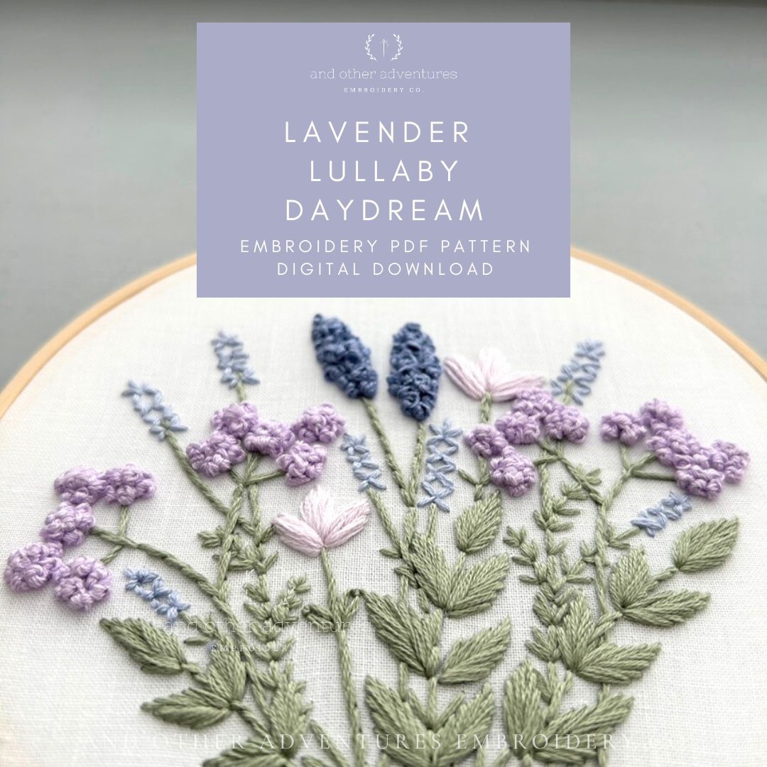 Pale blue and lavender hand embroidery project - digital pdf pattern by And Other Adventures Embroidery Co