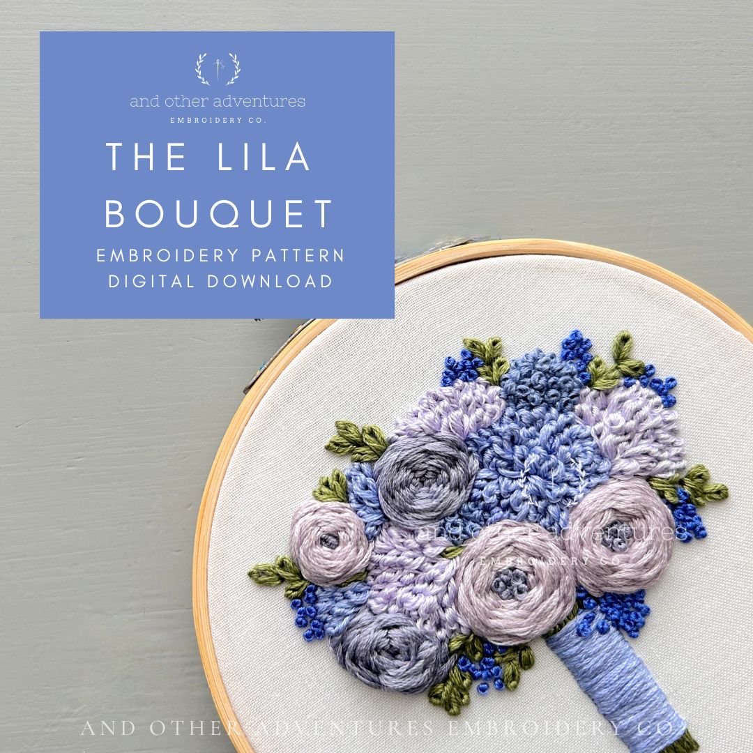The Lila Bouquet - Blue Florals Hand embroidery PDF Pattern by And Other Adventures Embroidery Co