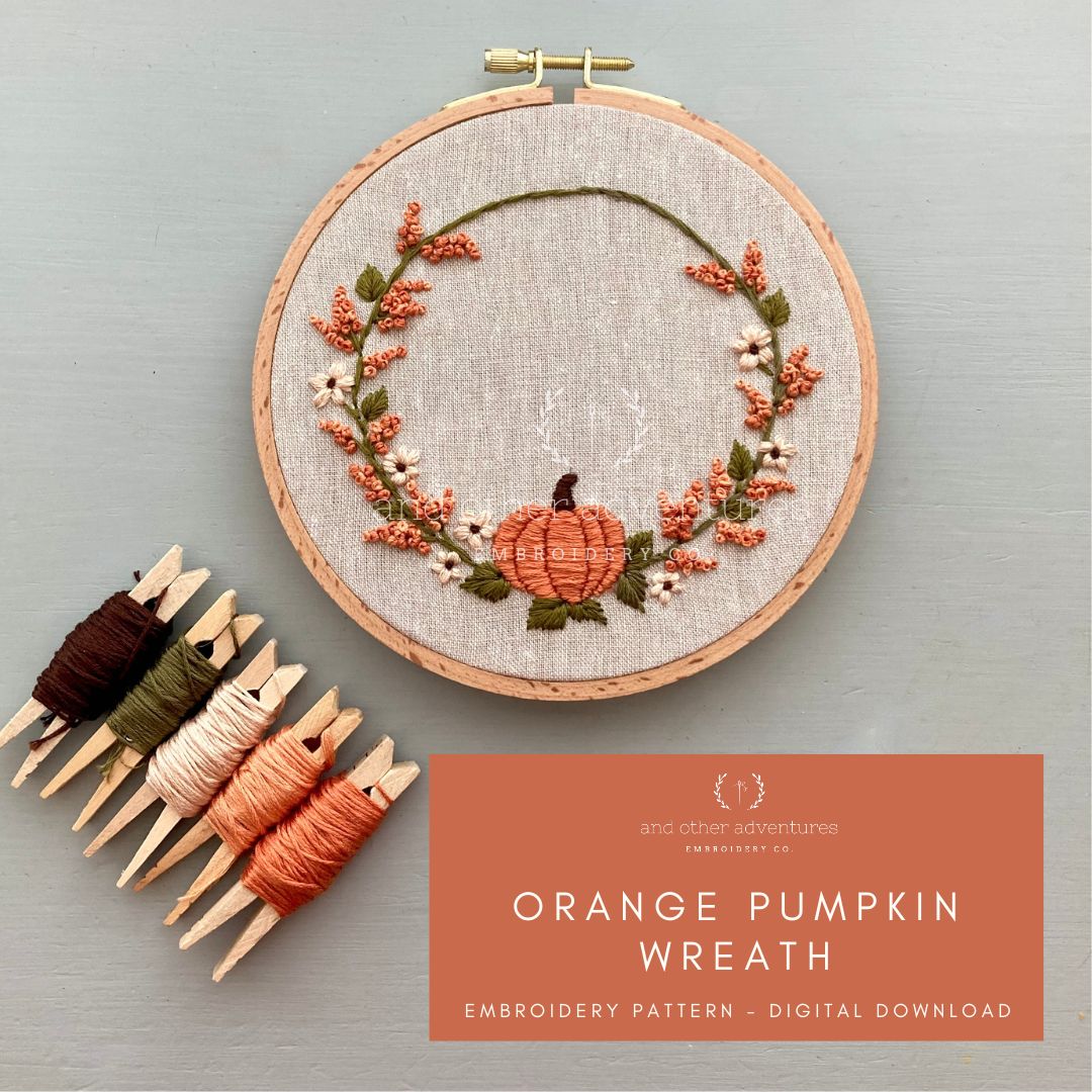 Orange Fall Pumpkin Wreath Embroidery Pattern by And Other Adventures Embroidery Co