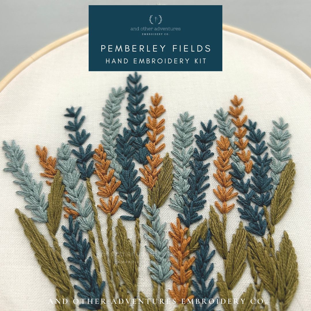 Pemberley Fields hand embroidery kit inspired by Jane Austen's Pride and Prejudice - created, stitched and sold by And Other Adventures Embroidery Co