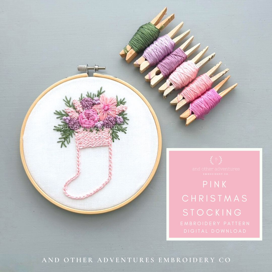 Pink Christmas Stocking Hand Embroidery Pattern Digital Download by And Other Adventures Embroidery Co