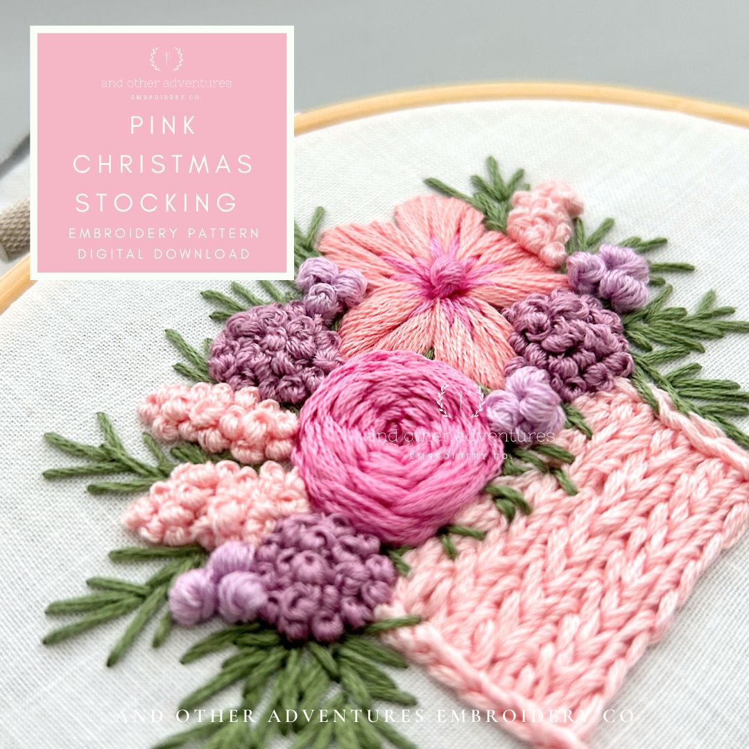 Pink Christmas Hand Embroidery Flowers by And Other Adventures Embroidery Co