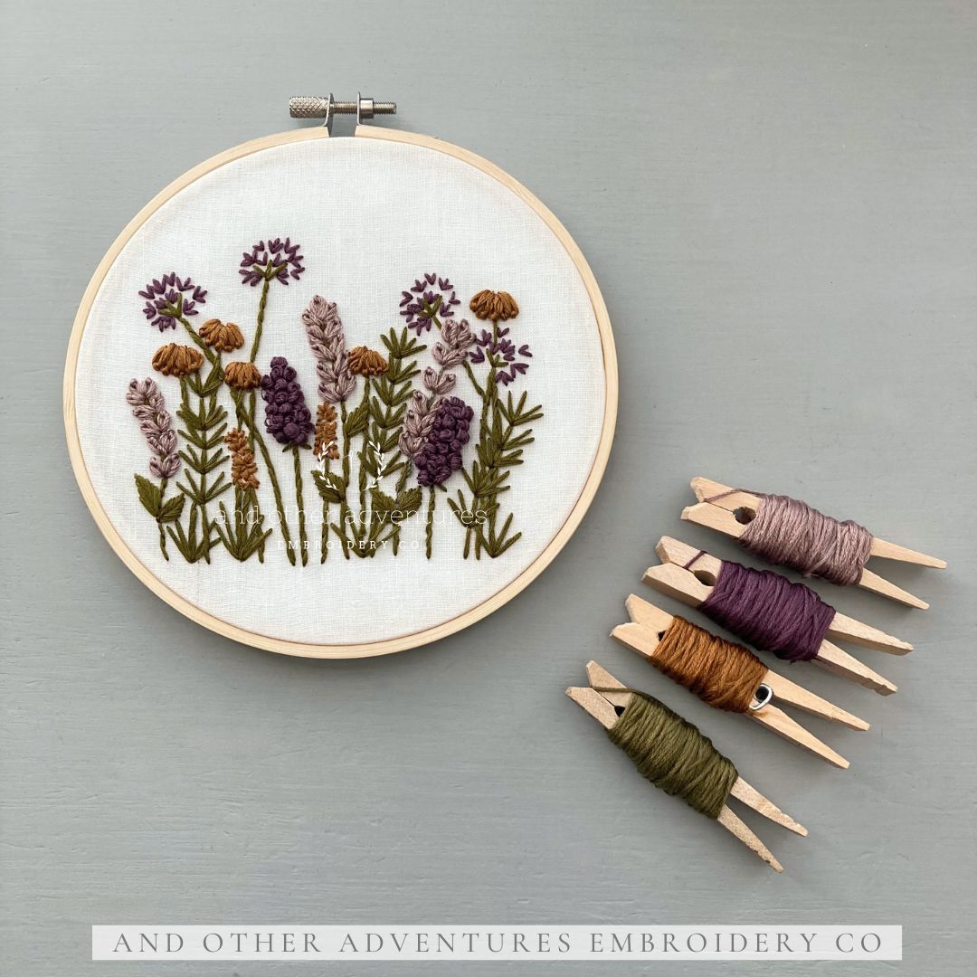Plum meadow in moody fall colors hand embroidery pattern by And Other Adventures Embroidery Co